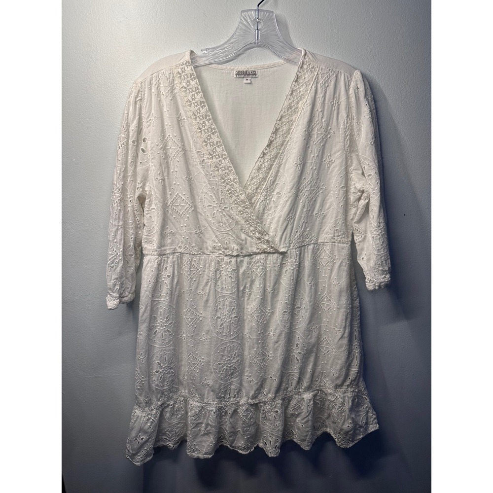 Debbie Katz South Beach White Eyelet Lace Mini Dress Tunic Boho Cotton Womens M